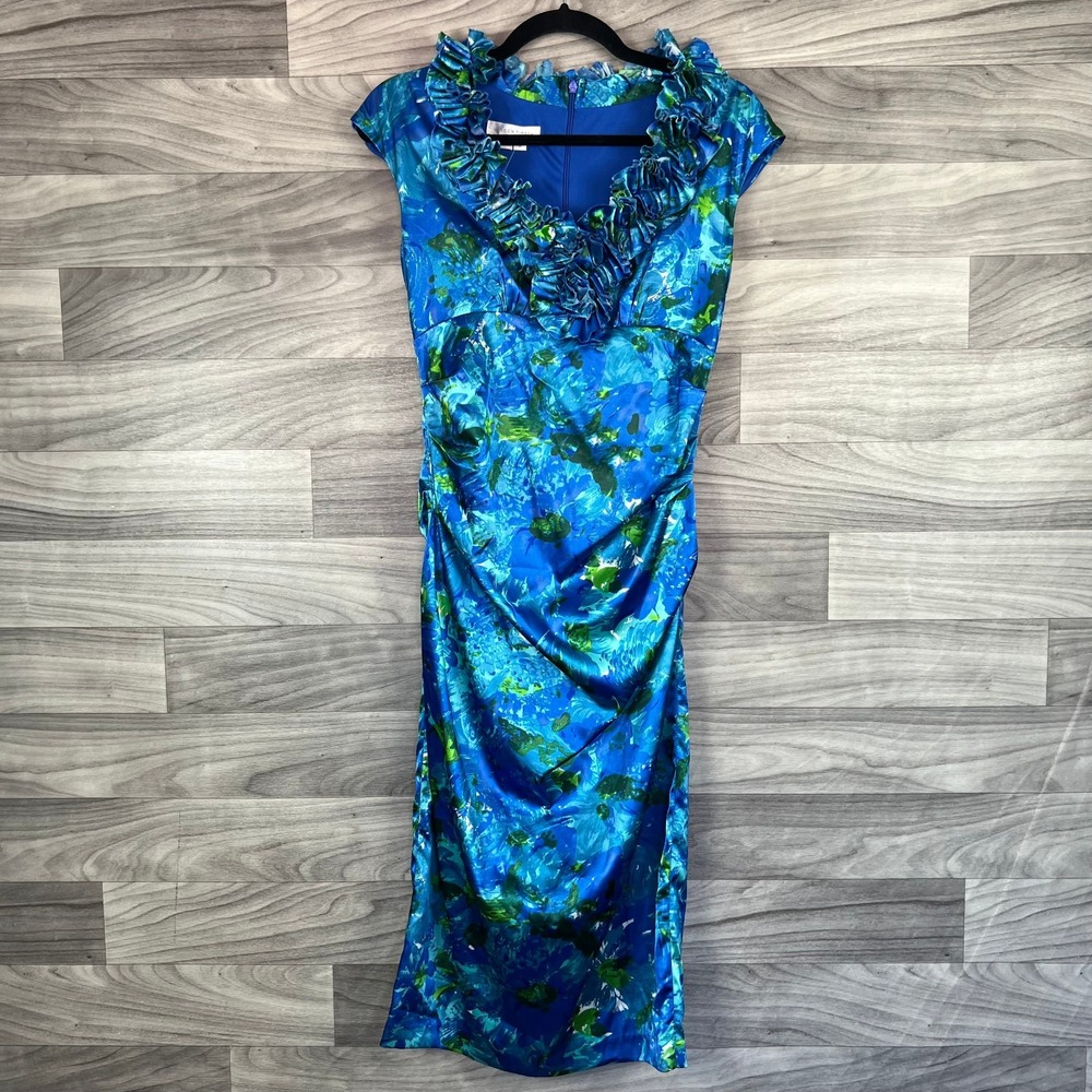 London Times Midi Dress Womens Small Blue Satin Ruched & Ruffled Floral Back Zip